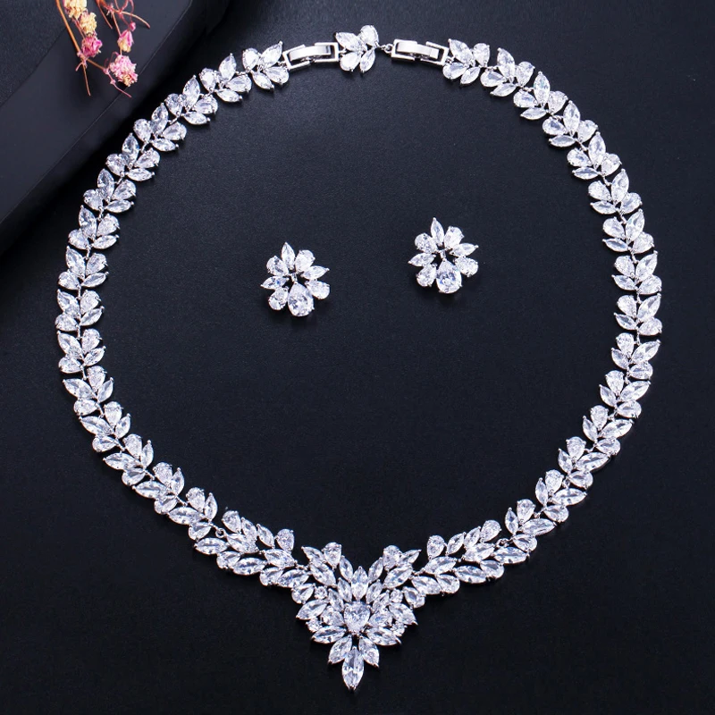 ThreeGraces White Gold Color Marquise Shape Zirconia Stones Big Flower Statement Necklace Sets For Women Party Jewelry JS106