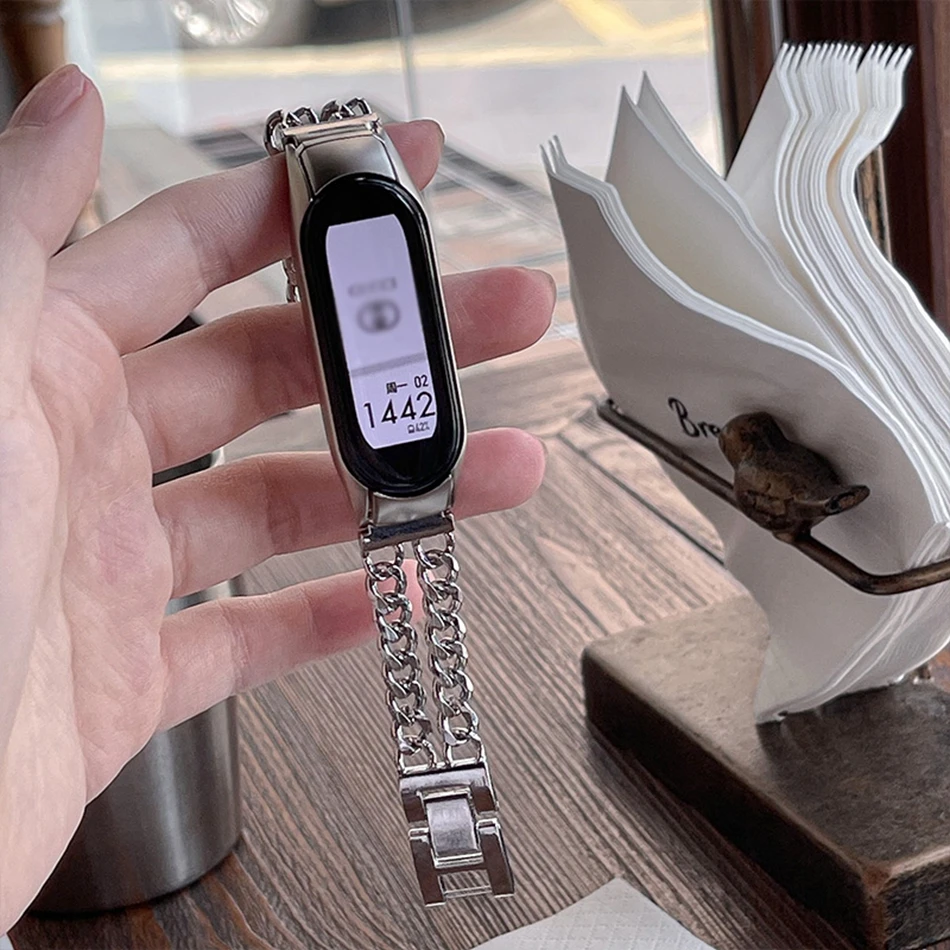

Для Xiaomi Mi Band 8 7 6 5 ремешок модный INS металлический браслет с двойной цепочкой Miband 8 4 3 сменный браслет из нержавеющей стали Correa
