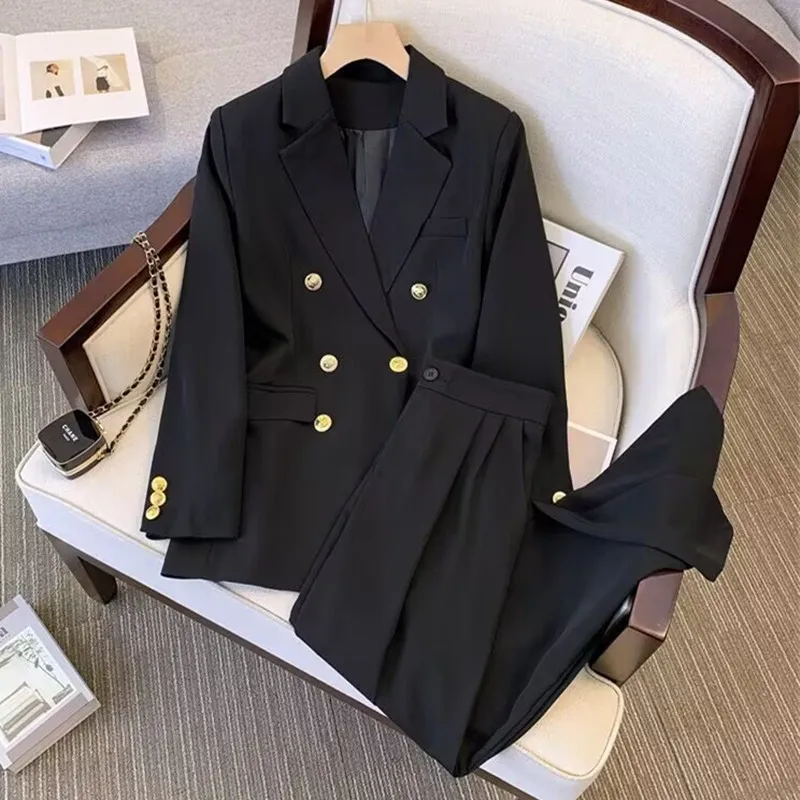 Women\'s Suit Set Popular Korean Casual Office Dress Fashion Metal Buckle Suits 2-piece Set Temperament High Waisted Pants Sets