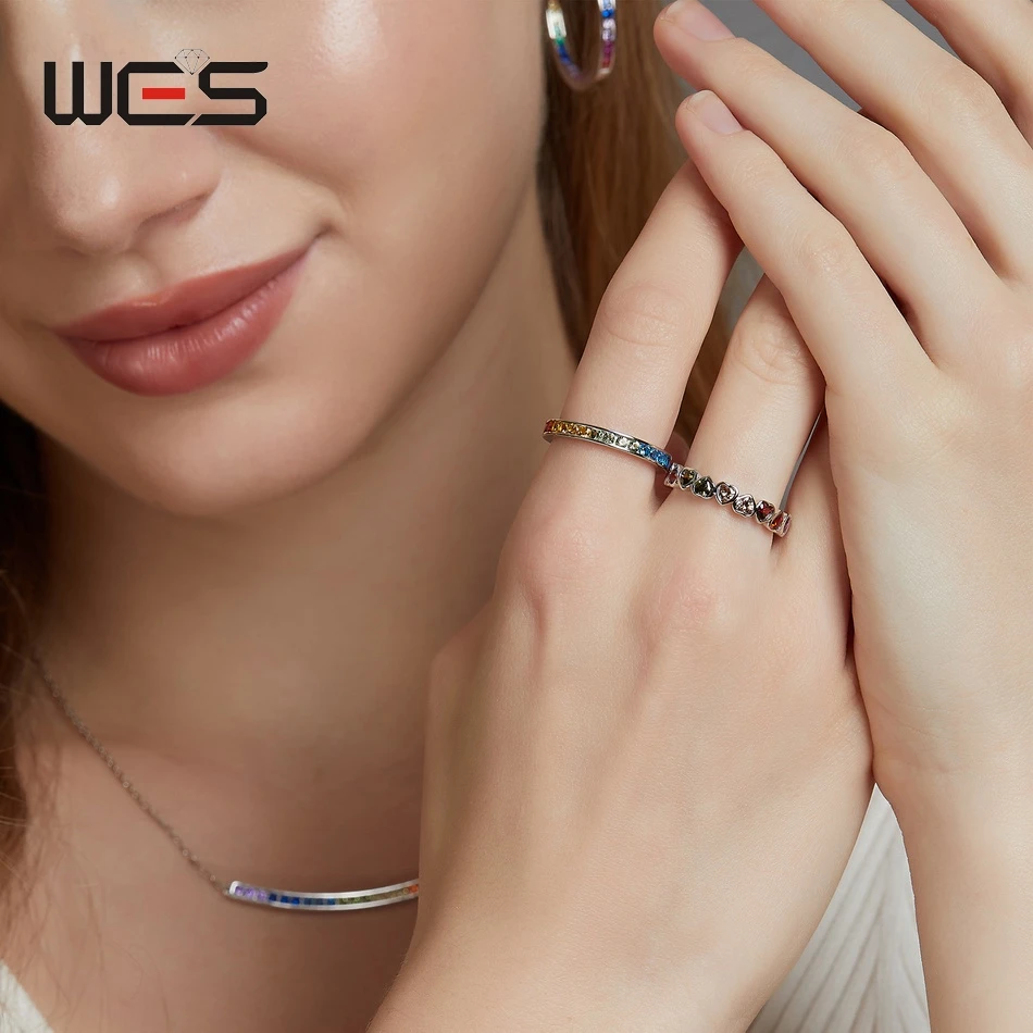 WES-anillos de plata de ley 925 para mujer, cristal de arcoíris colorido, Zicron de 2x2mm, regalos certificados, joyería fina, banda de fiesta, venta al por mayor