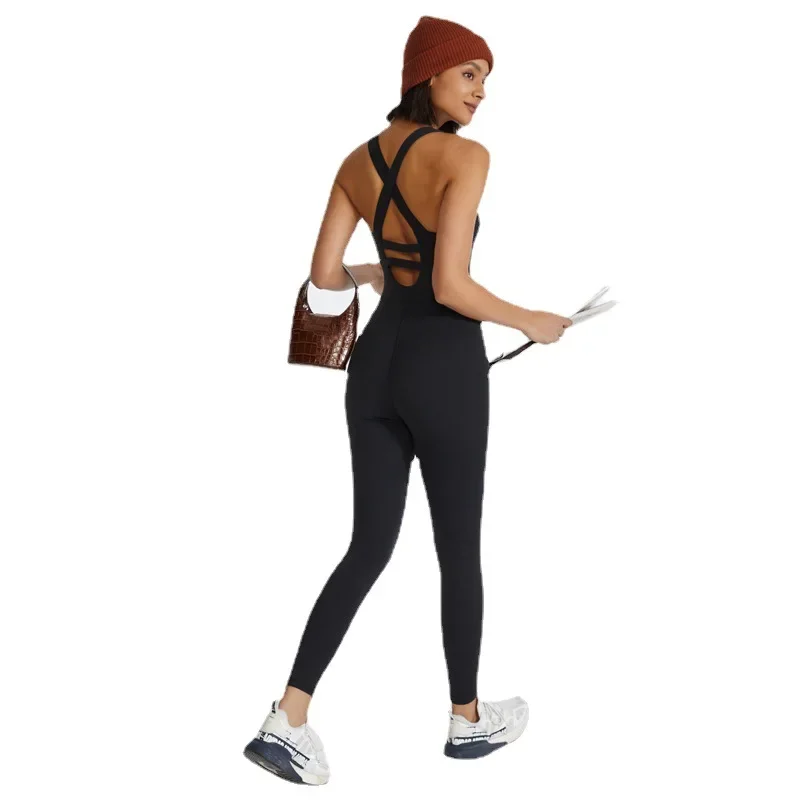 Zurück Kreuz Sport Overalls Frauen Ein Stück Bodys Mit Pads Hohe Dehnbare Yoga Strampler Weiche Atmungsaktive Sportswear S-XL