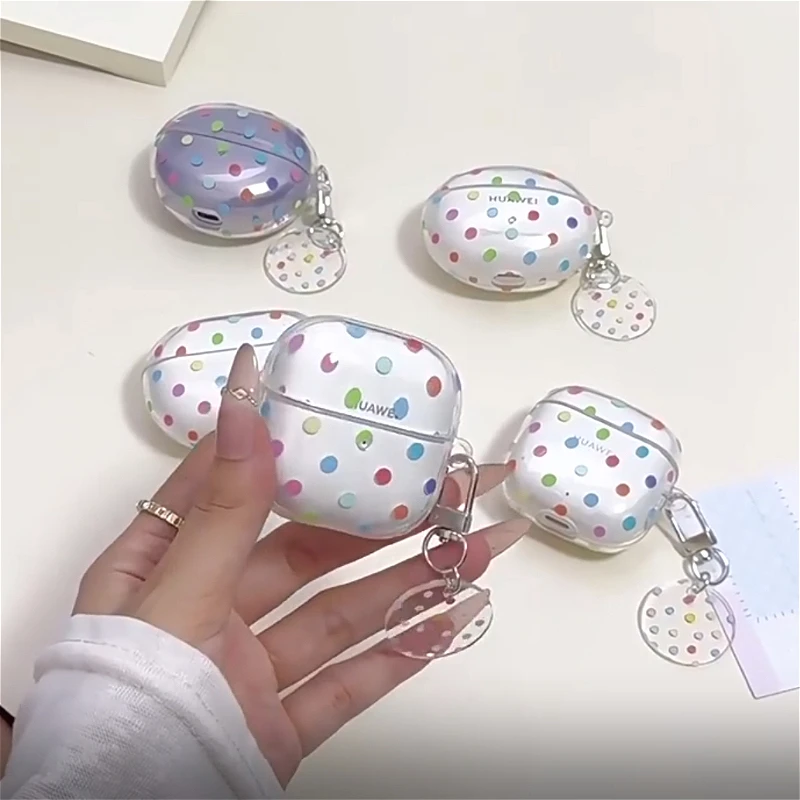 Ins Cute Colorful Dots Transparent Earphone Case for Huawei FreeClip 2 FreeBuds Pro 3 Pro 4 7i 5i 6i SE2 SE3 Cover with Pendant