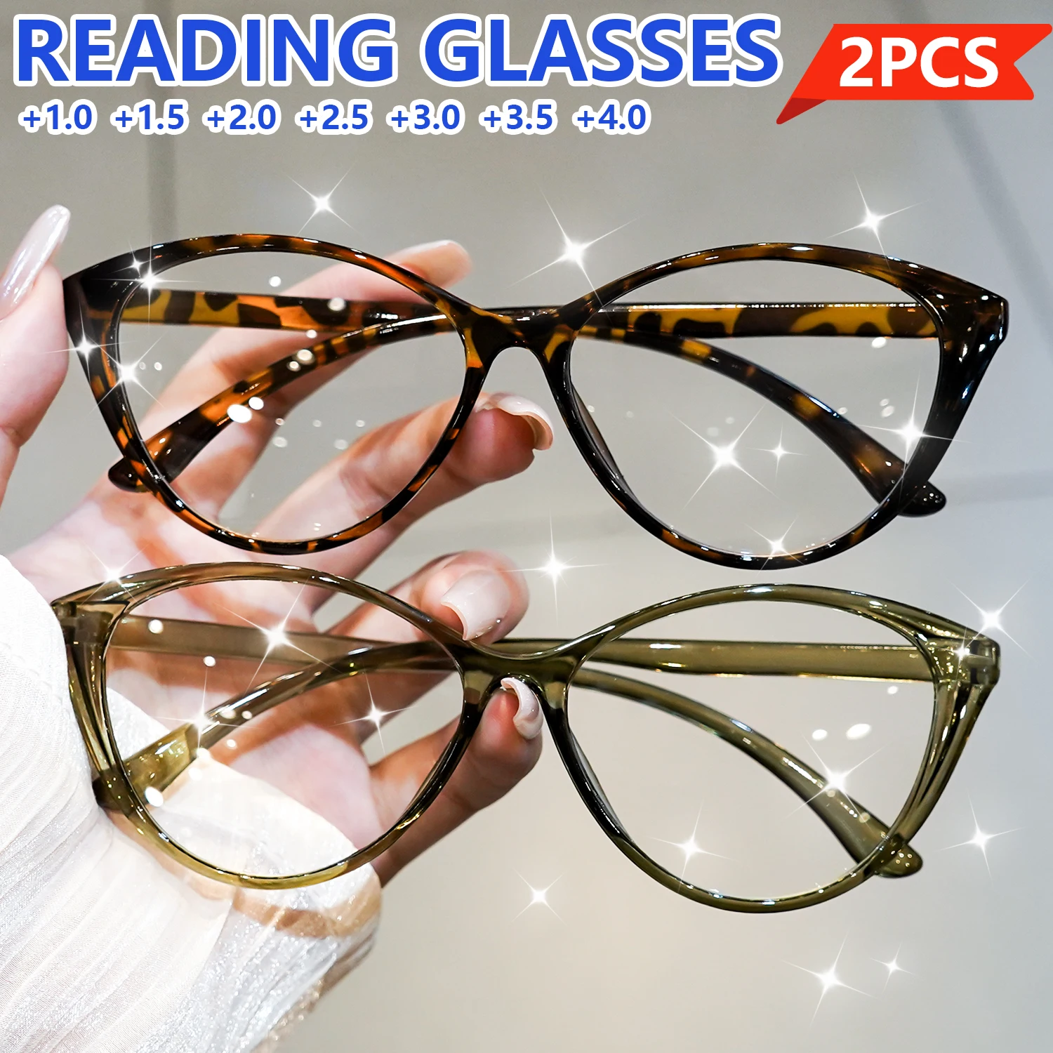 2 Stück modische Cat-Eye-Lesebrillen, bequeme Brillen für einen trendigen Look, Vergrößerung von +1,0 bis +4,0
