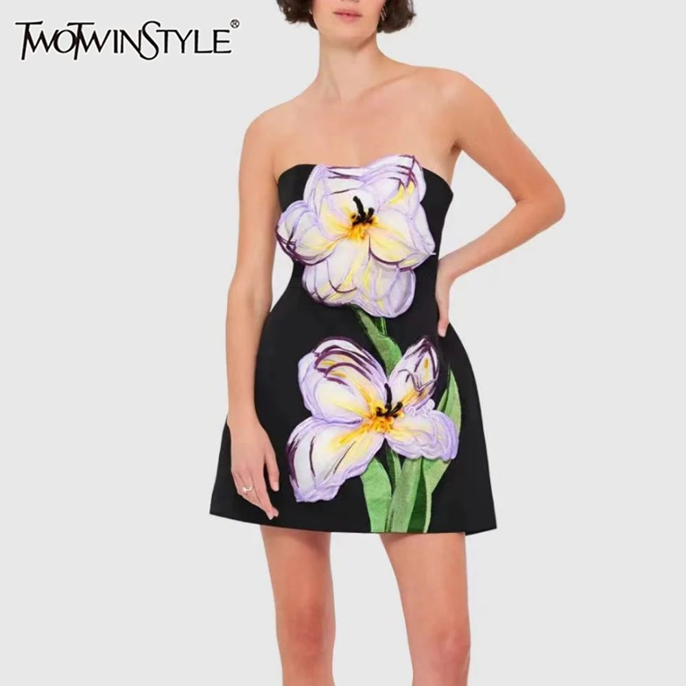 

TWOTWINSTYLE Hit Color Spliced 3D Flower Elegant Mini Dresses for Women Trapless Sleeveless Temperament Dress Female Fashion New