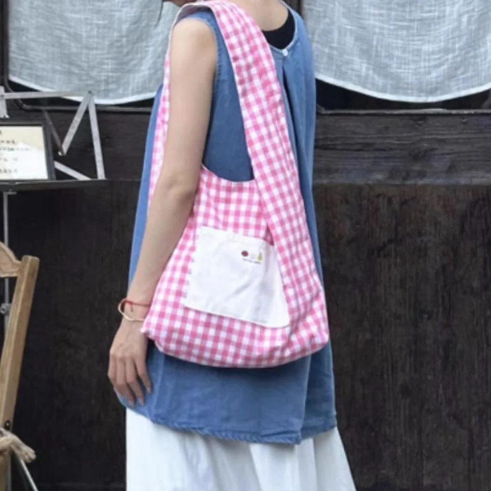 

Portable Sweet Double Sided Plaid Vest Bag Japanese Style Cloth Lattice Shoulder Bag Leisure Commuting Canvas Tote Bag Travel