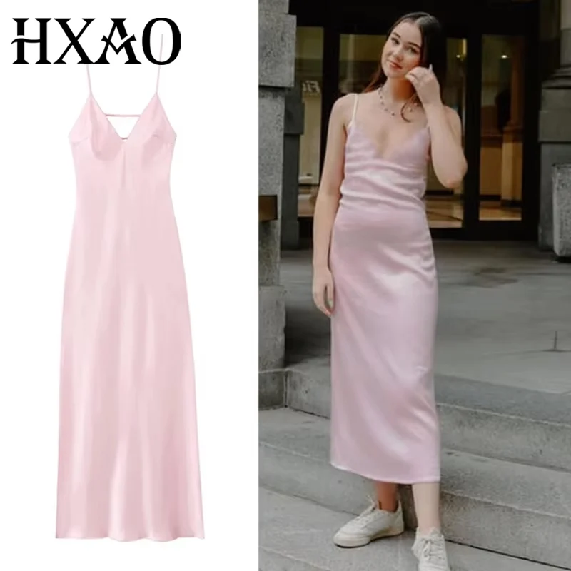 HXAO زلة امرأة فستان الصيف بلا أكمام الساتان فستان طويل مشد عارية الذراعين الصلبة المرأة مثير فساتين فستان الشمس مساء فستان 088 #1