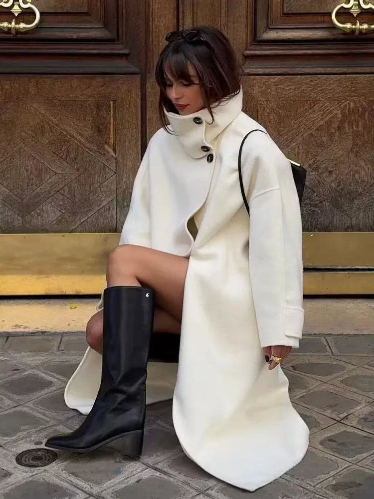 

HH Women's Winter Fashion Chimney Collar Loose Long Woolen Coat Jacket Female Simple Temperament Versatile Single Breasted Coat