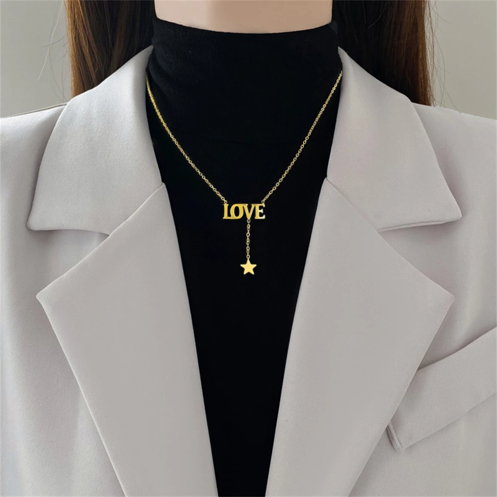 Korean Fashion Stainless Steel Clavicle Chain Simple LOVE Letter Charm Star Necklaces For Women Girls Jewelry Christmas Gift