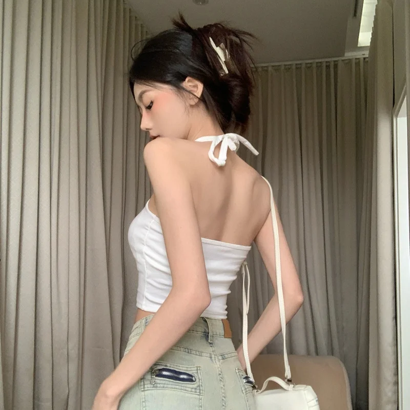 Top Sexy Blanco Ajustado con Tirantes Finos para Mujer, Verano, con Relleno en el Pecho, Estilo Baile, Top Corto