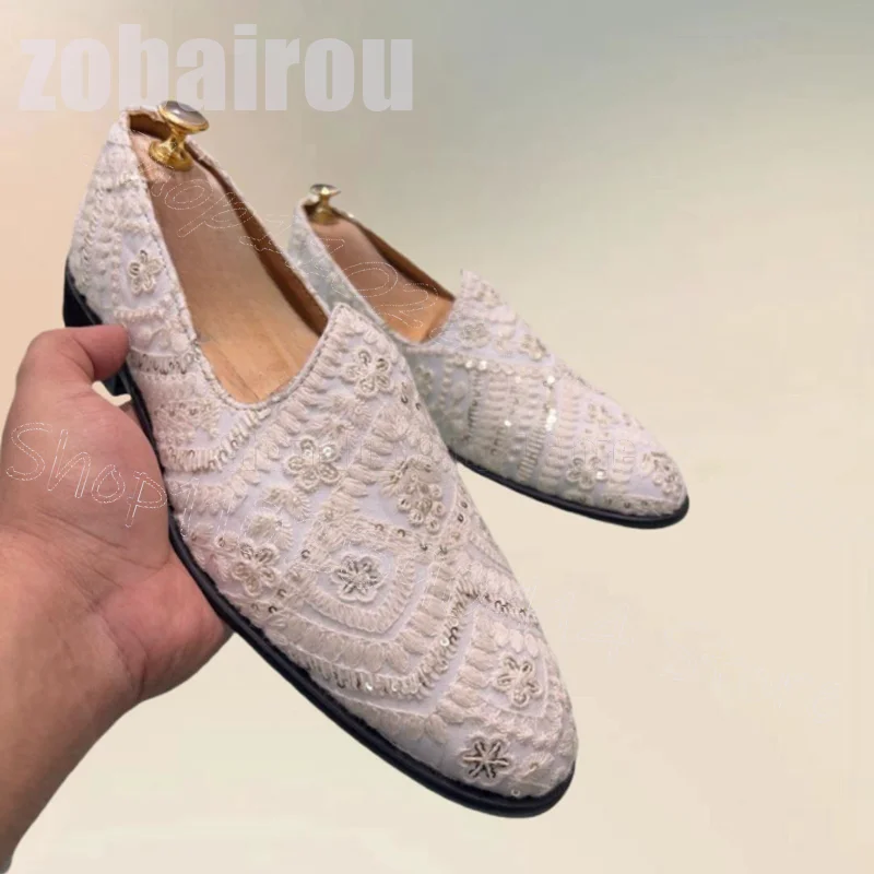 

White Floral Embroidery Sequins Decor Men Loafers Fashion Slip On Men Shoes Luxury Handmade Party Feast Dating Men Casual Shoes