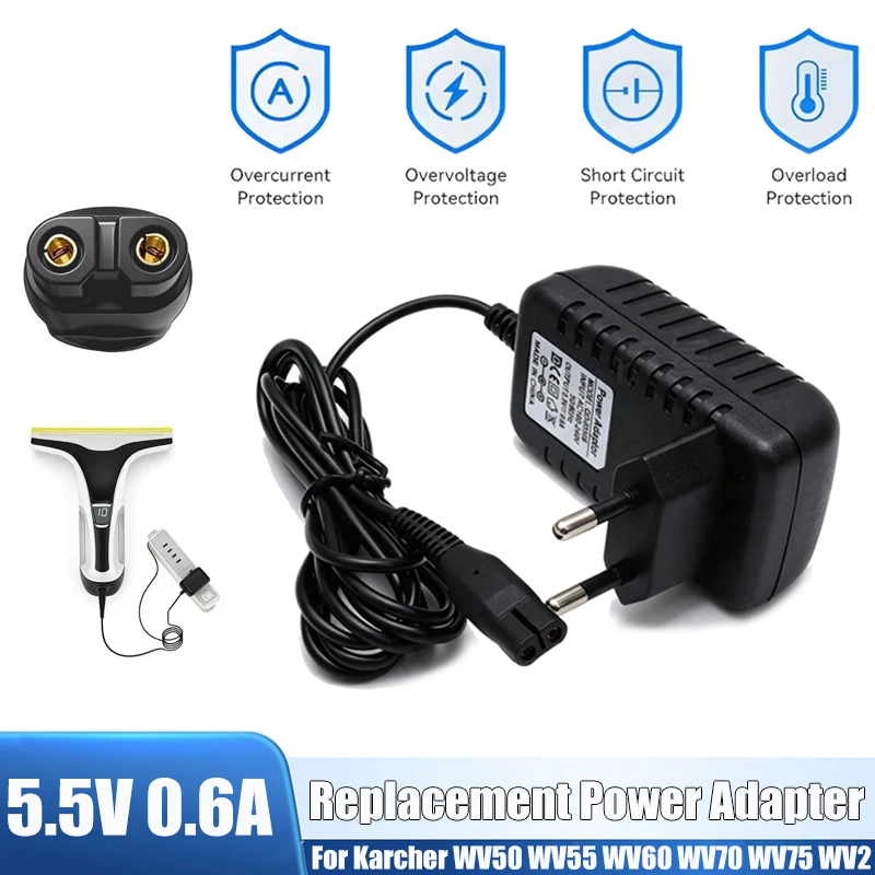 DC 5.5V 0.6A Window Vacuum Charger AC 100-240V Replacement Power Adapter for Karcher WV50 WV55 WV60 WV70 WV75 WV2 WV5