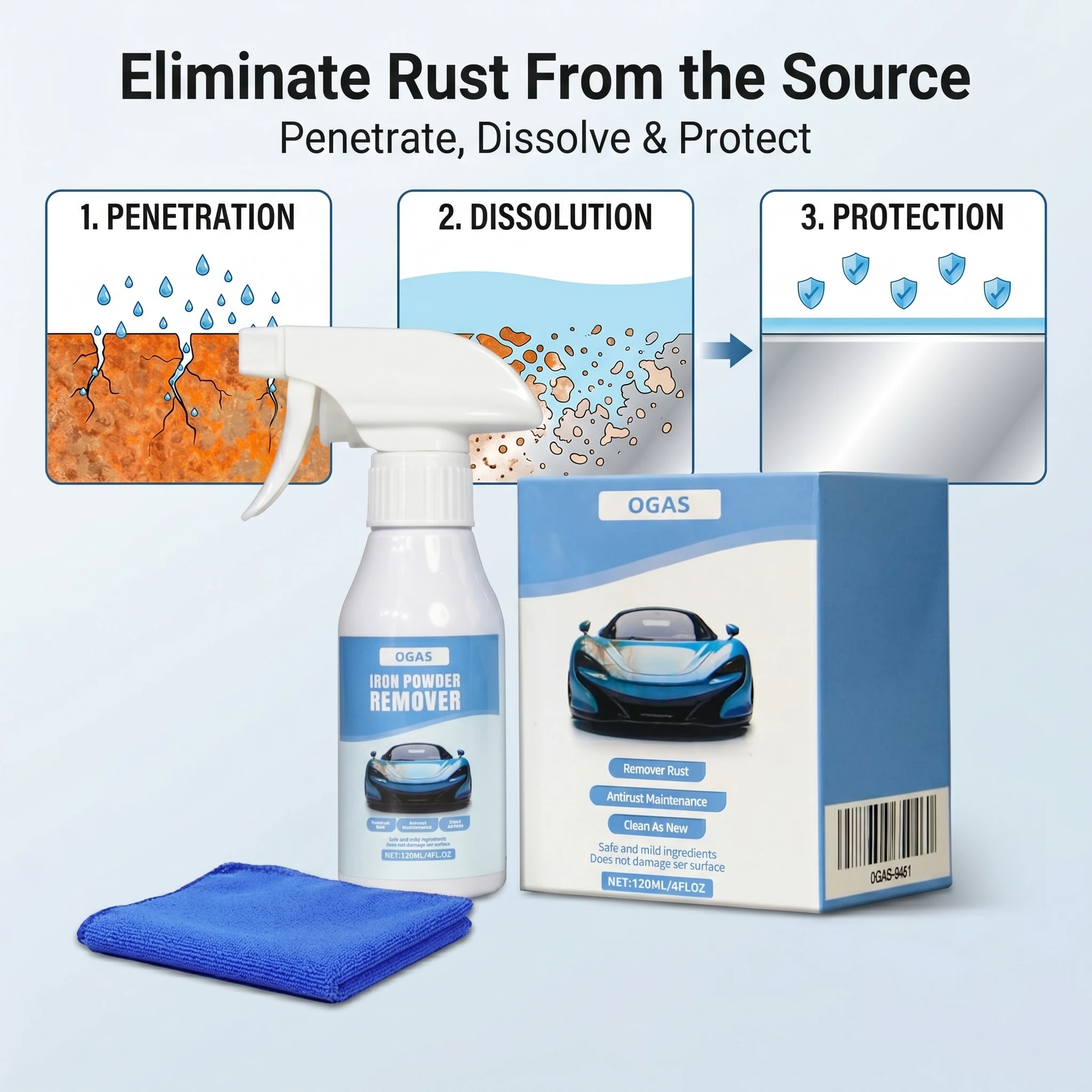 120ml Car Rust Remover Spray Anti-rust Protection Safe For Paint Metal Wheel Kitchen Hardware Multipurpose Rust Stain Cleaner With Cleaning Towel
