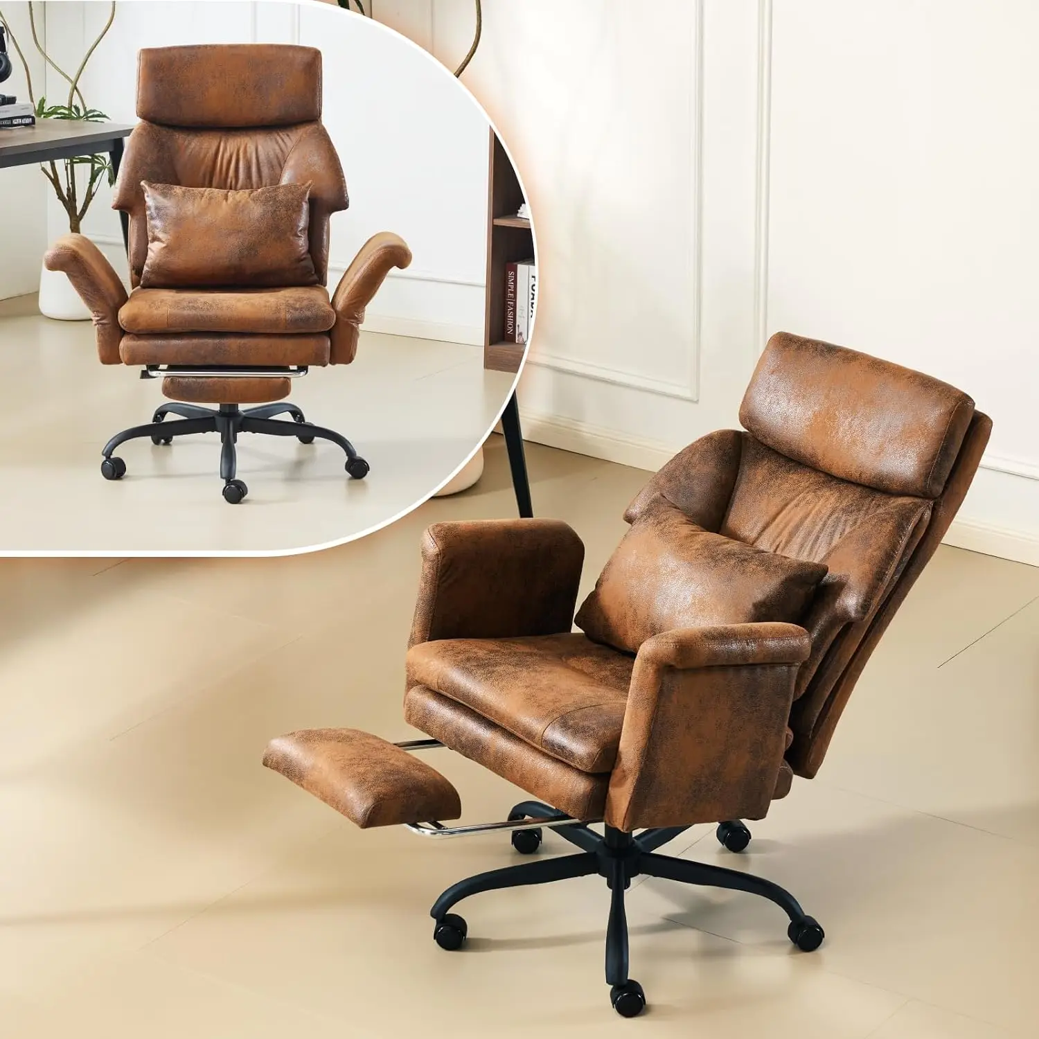 

100-130 ° Высокое офисное кресло с откидной спинкой, подставкой для ног и регулируемыми подлокотниками, эргономичное кресло с колесиками и подголовником