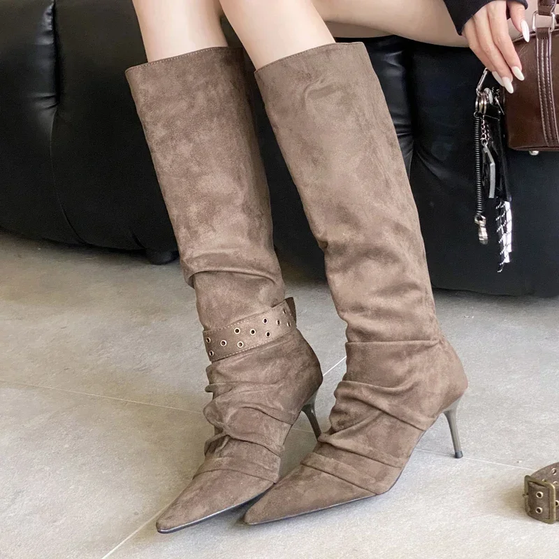 Aneikeh جديد الخريف الشتاء رقيقة أحذية عالية الكعب موضة حزام مشبك أشار تو المرأة الركبة عالية فستان الحفلات الأحذية