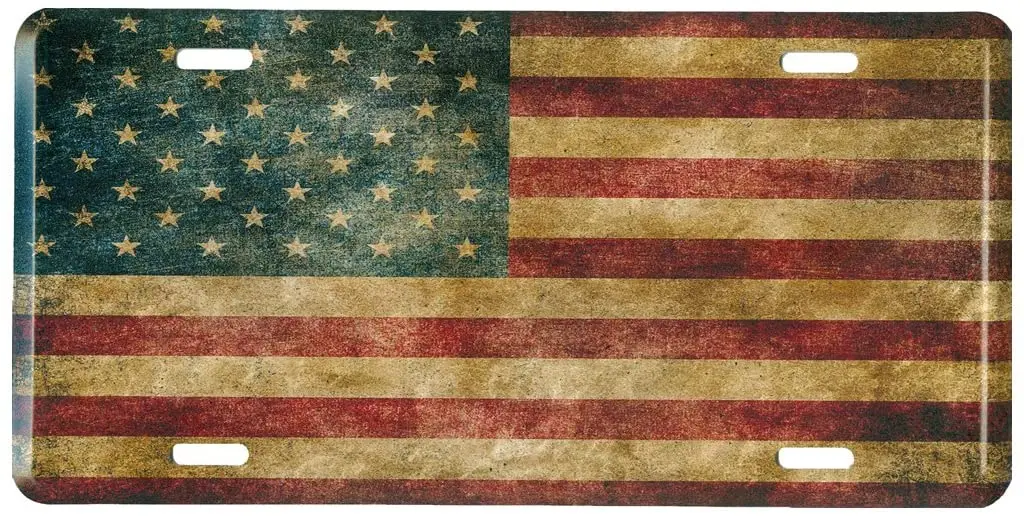 Distressed American Flag Metal Front License Plate, Vintage USA Auto Tag for Car, Truck, RV, Trailer, 6 x 12 inches
