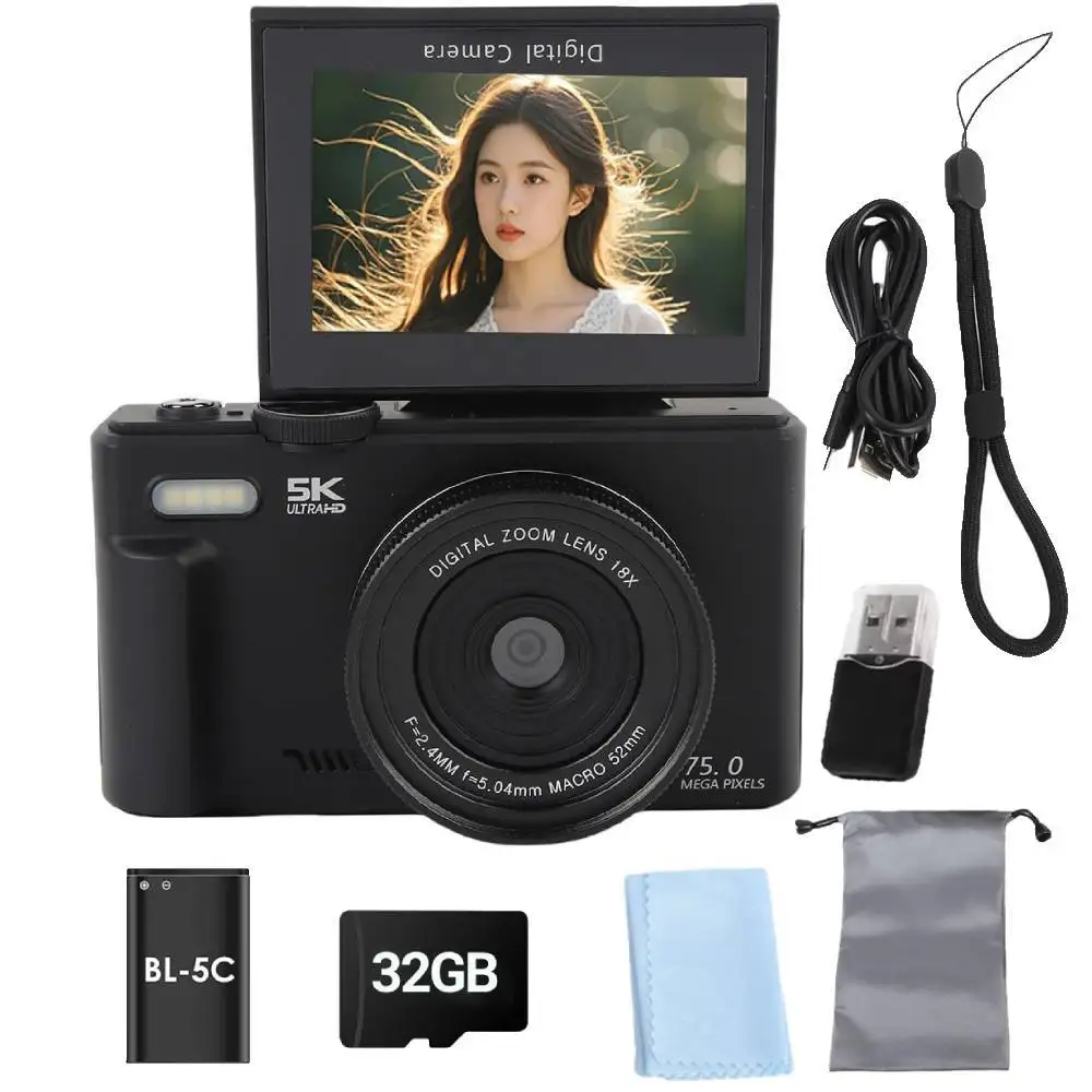 5K Digitale Camera voor Fotografie 75MP 18X Digitale Zoom Vintage Vlog Videorecorder voor YouTube 180 °   Flip Screen Selfie WiFi