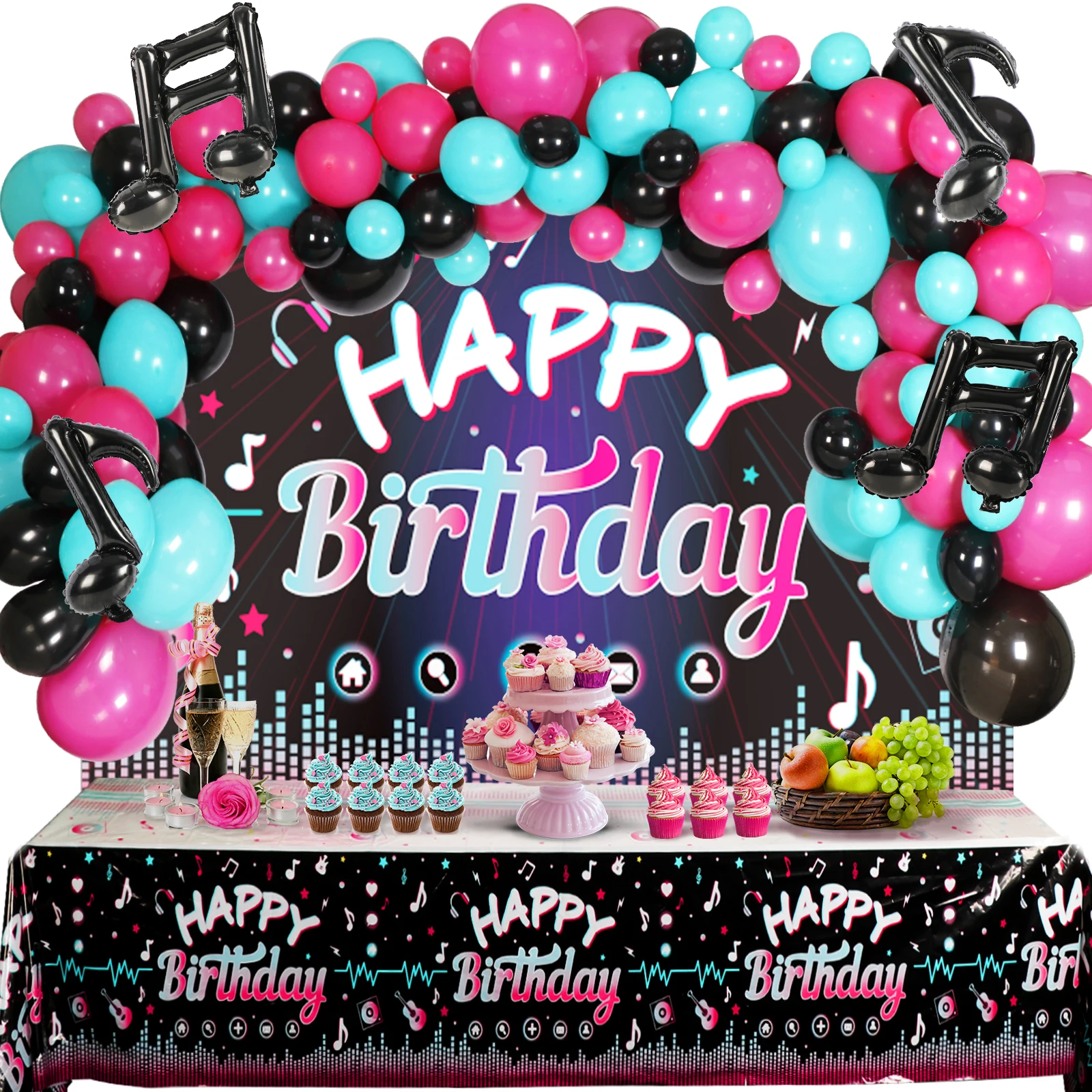 OurWarm 132X Tiktok Music Party Decorations w/ Happy Birthday Backdrop Tablecloth Music Note Balloons Girls Birthday Party Decor