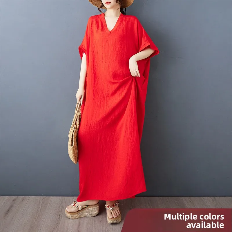 

Summer New Red V-Neck Long Beach Skirt Casual Holiday Style Home Wear Women's Dress Cotton Polyester Blend Short Sleeve