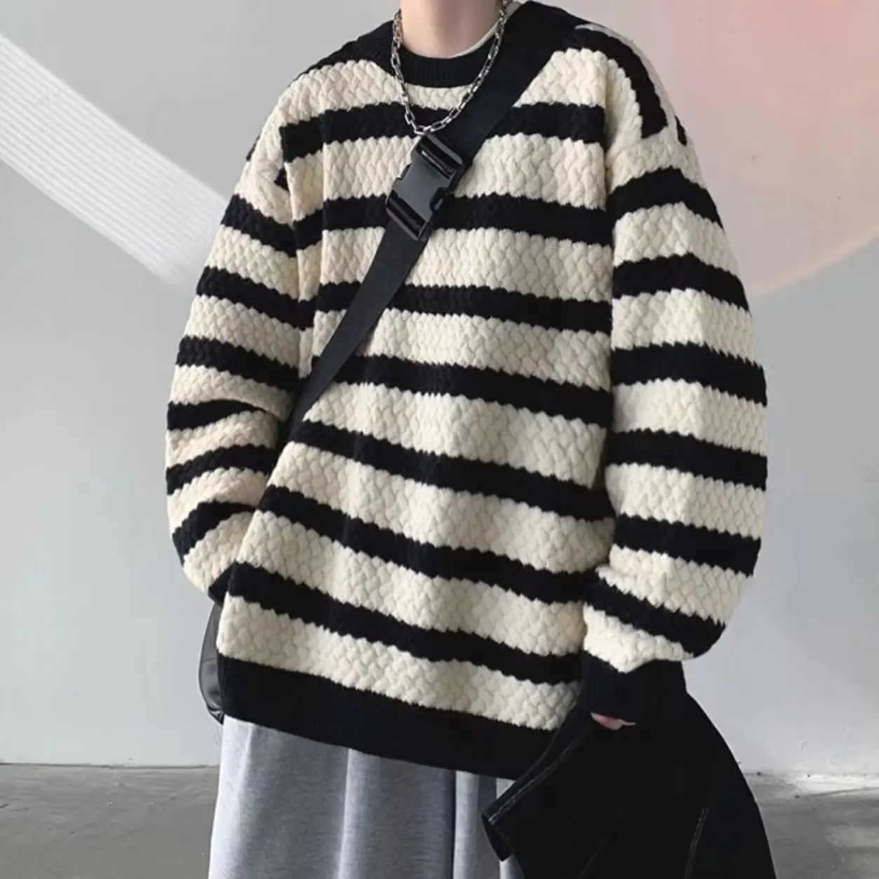 

Men's Autumn Winter Thiened Large Size 40kg Striped Sweater Loose Outerwear Retro Long Sve Knitted irt Baseball Collar