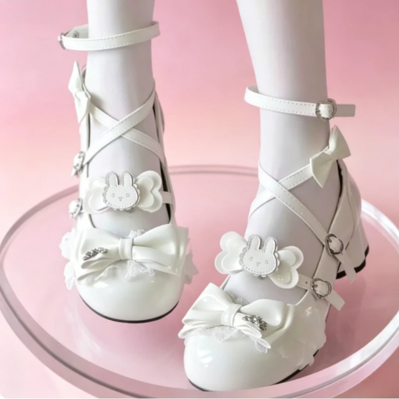 Lolita Bowknots Mary Jane Shoes Cute Rabbit Decor High Heels Pumps Girls Students Cat Claw Shoe Sole Ankle Straps Women Footwear