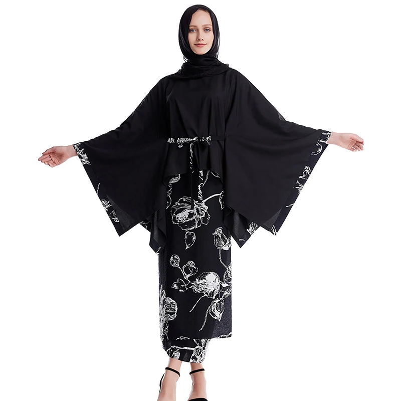 Muslim New Design Oem Turkey Women Islamic Clothing Ramadan Dubai Abaya With Top Dress Two Piece Floral Printed Sets Baju Kurung