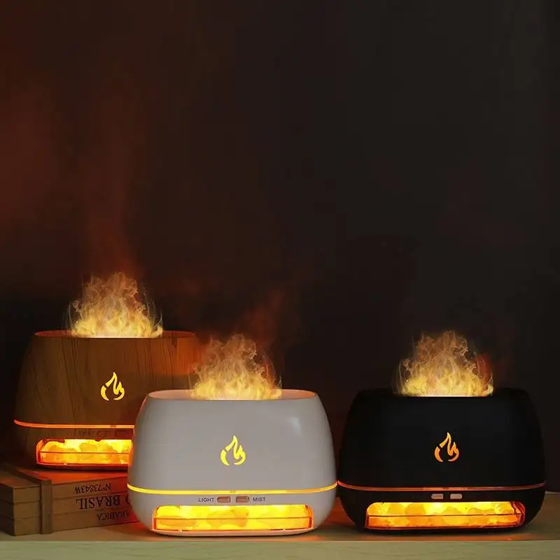 Cristal do Himalaia Sal Pedra Aroma Umidificadores, 3D Flame, Fogo Aromaterapia, Difusor De Óleo Essencial com Luz Noturna, Grão De Madeira