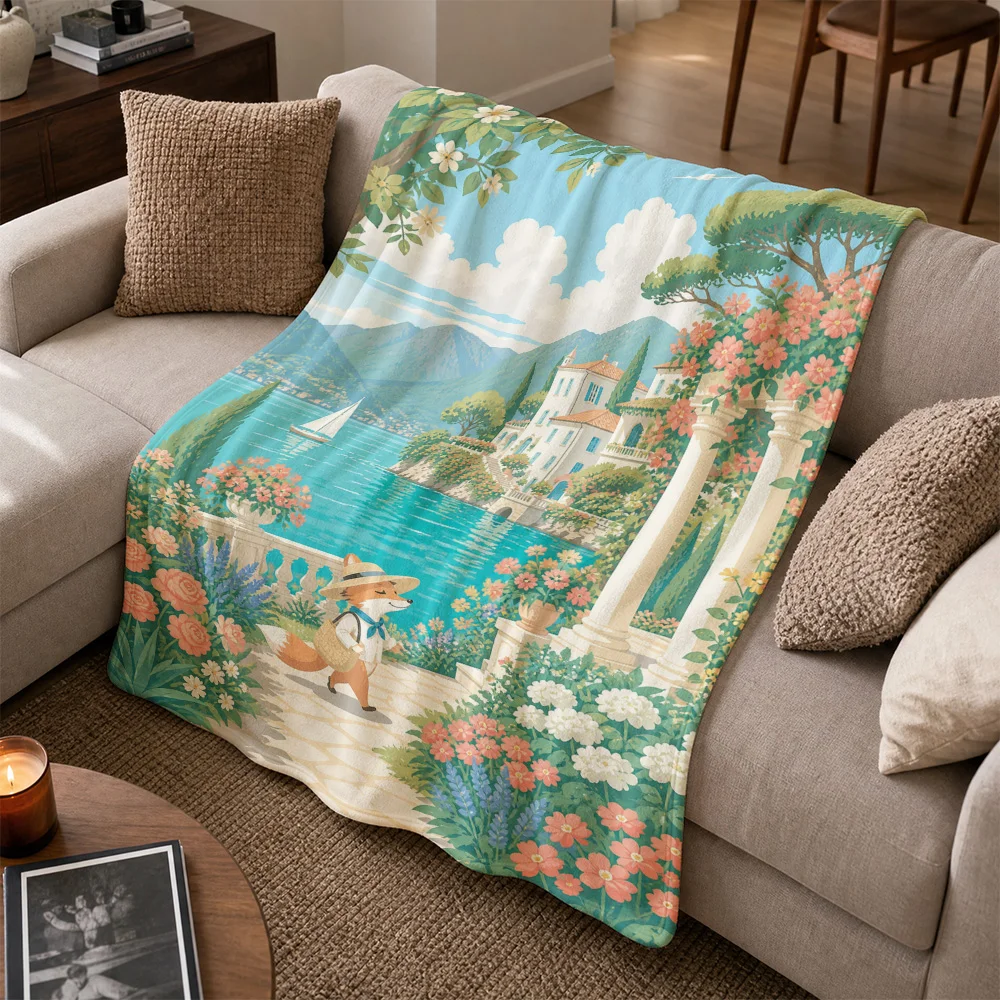 Charming Coastal Floral Throw Blanket Sofa Cover Fox Mediterranean Garden Picnic Cottage Decor Wall Tapestry