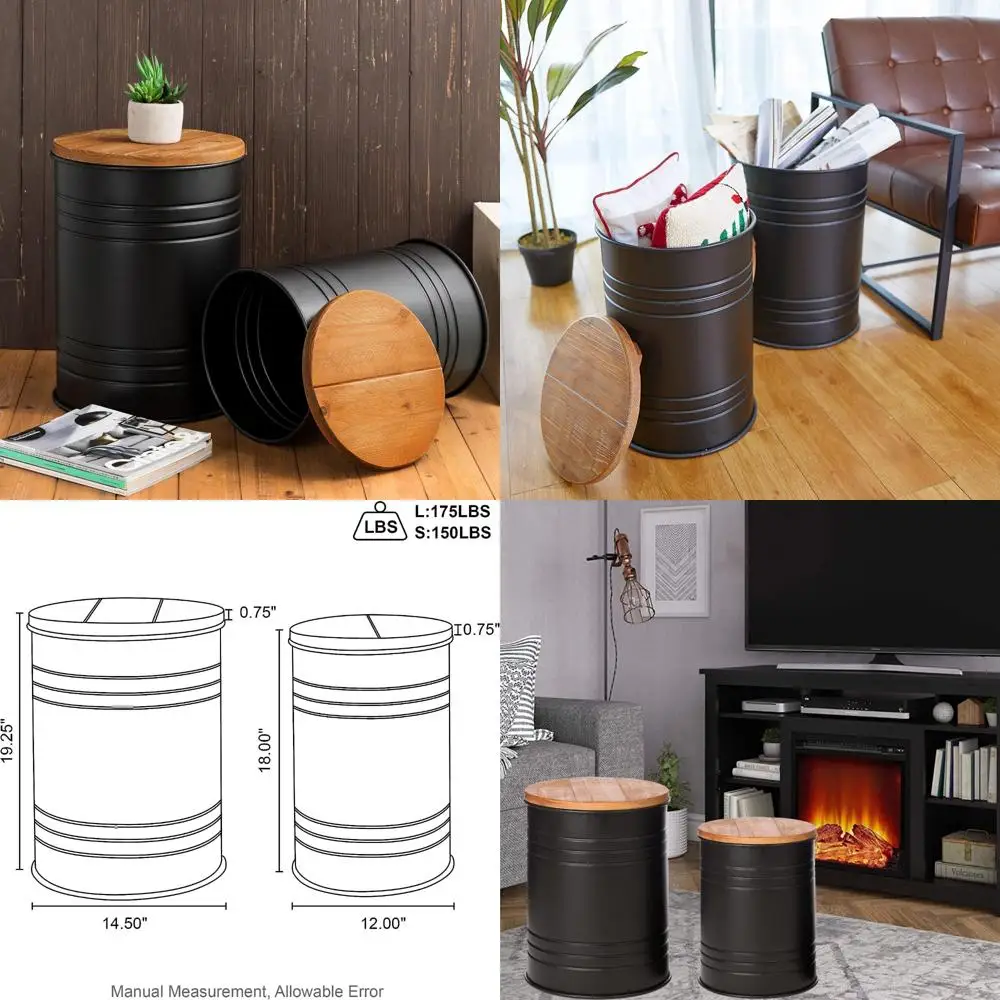 

Farmhouse Style Metal Nesting Tables Set, Round Coffee Tables Duo with Storage for Living Room