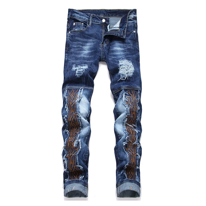 

Mcikkny Men Punk Style Blue Jeans Pants Embroidery Washed Streetwear Denim Trousers Patchwork