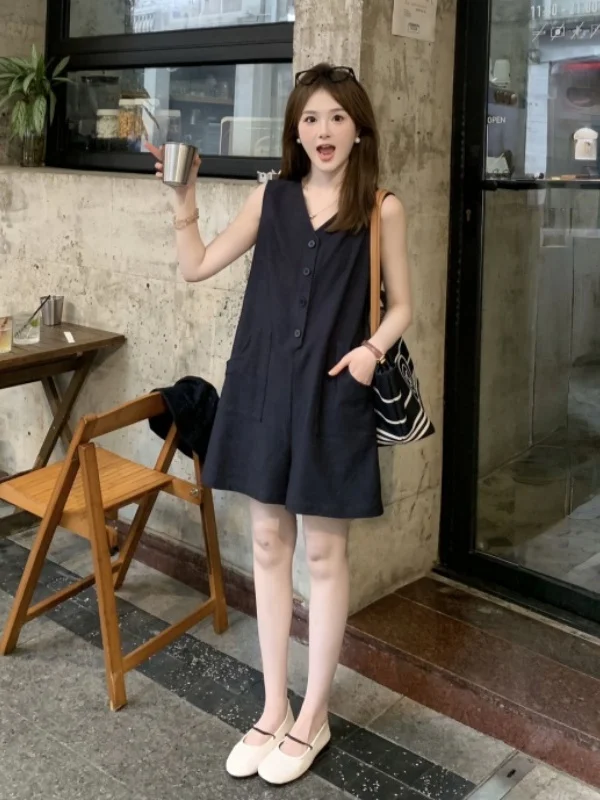 

Свободный крой V-Ne Buttonl Svel Rer, женский летний новый комбинезон небольшого размера, удобные брюки, цельный костюм