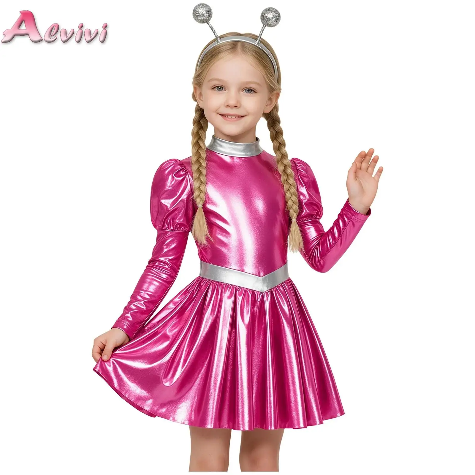 Kids Girls Alien Costume Futuristic Long Sleeve Back Zipper Metallic Ruffled Dress for Halloween Birthday Space Themed Party