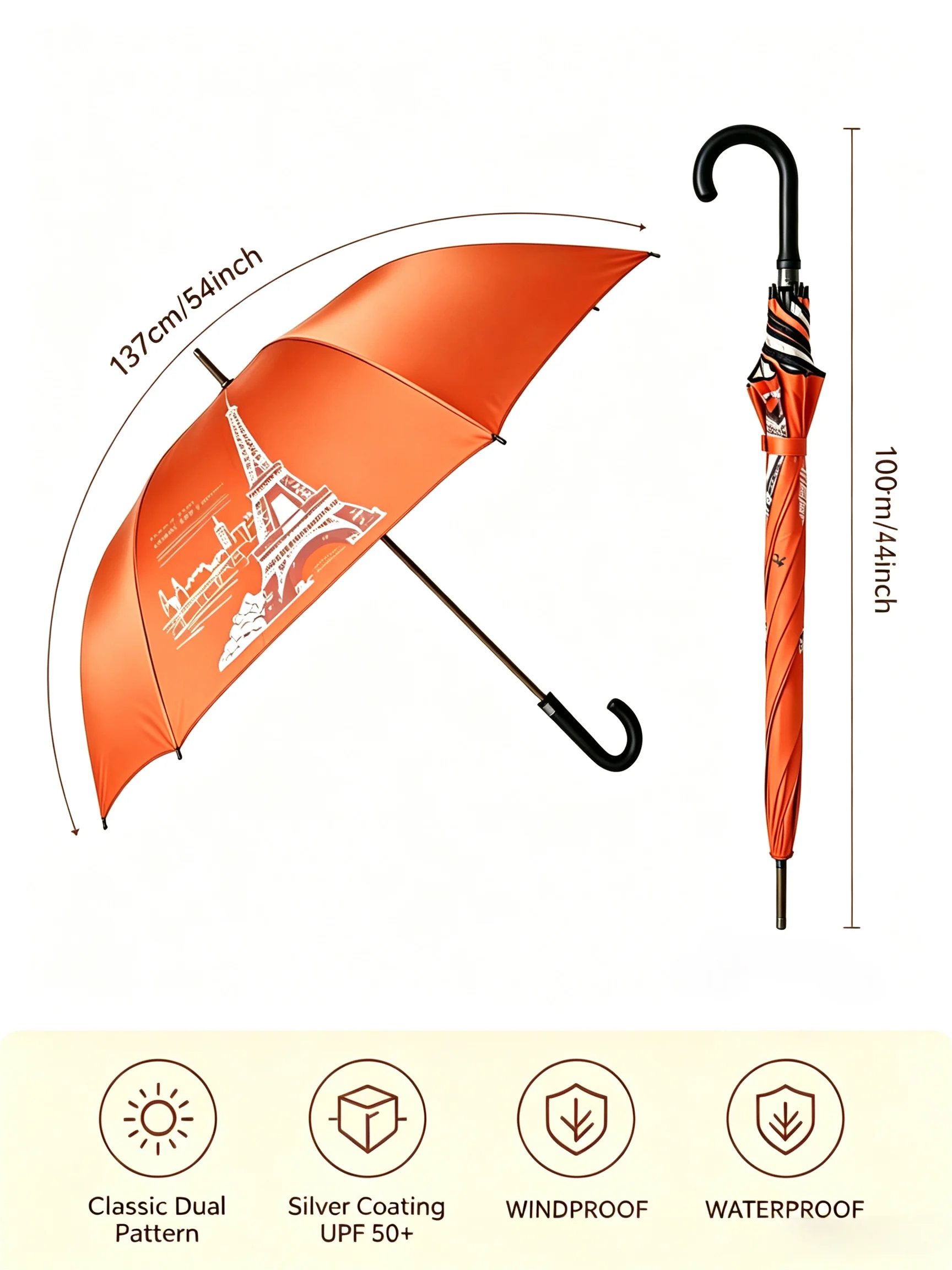 Eiffel Tower Statue of Liberty Long Handle Umbrella Reinforced Windproof Strong, Arc 137cm Large Golf Parasol Sun Rain Business