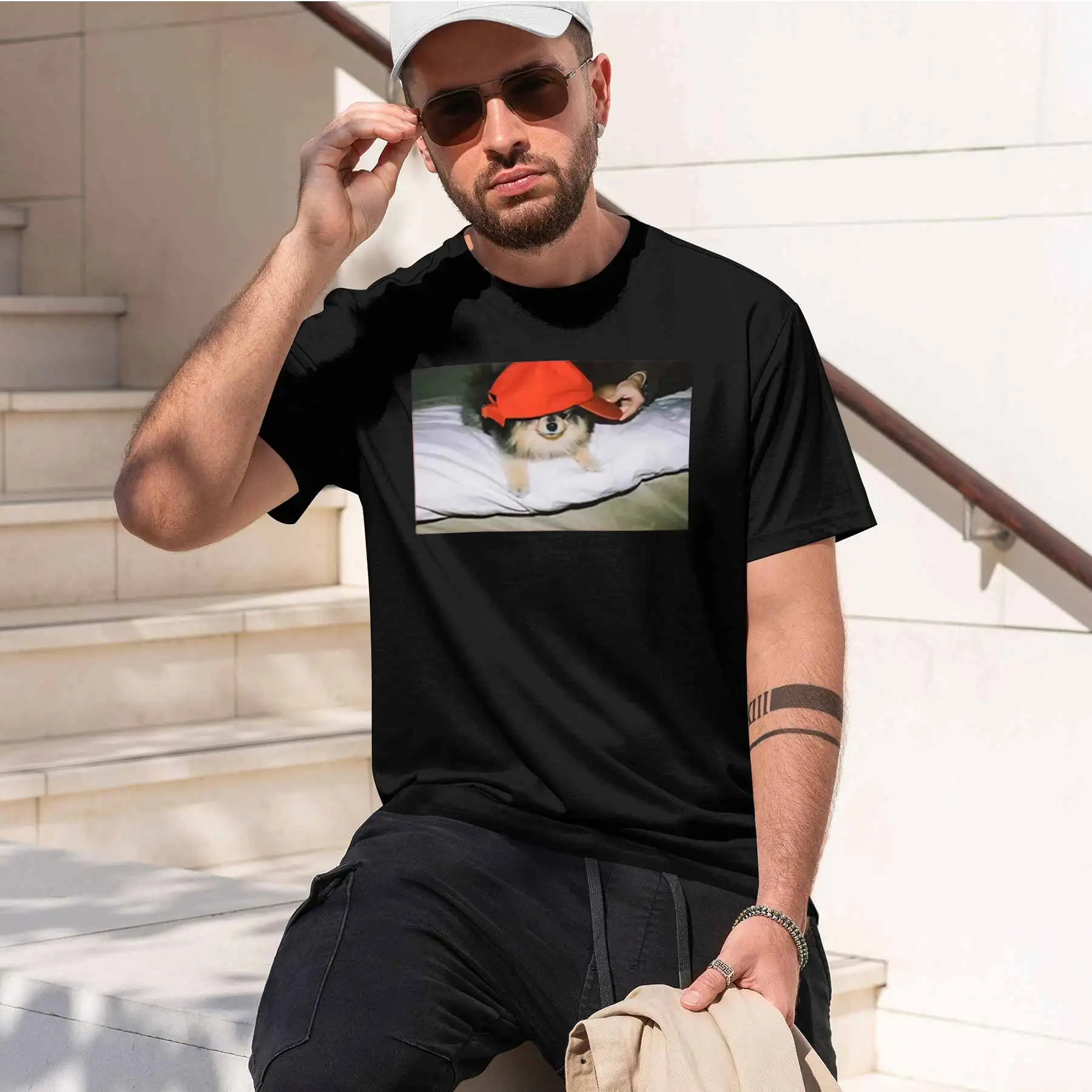 new printed T-shirt Men's Fun Cute Pet Print T-shirt Adorable Pomeranian With Cap Pattern Casual Loose Crewneck Top