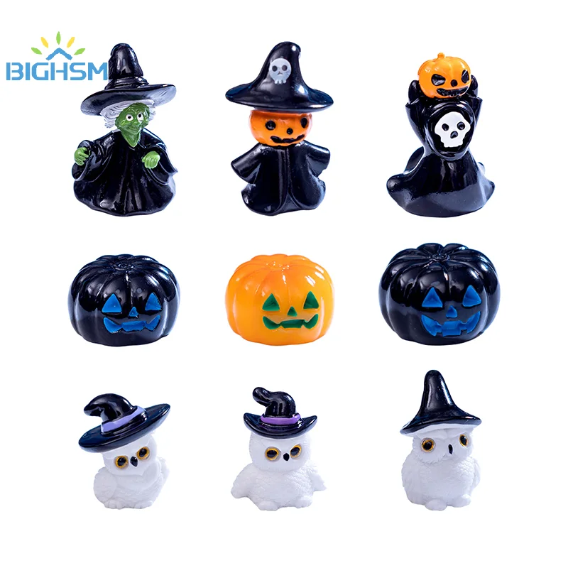 Mini Halloween Ornament Cartoon Witch Ghost Pumpkin Figurine Micro Landscape Dollhouse Model Car Interior Desktop Decoration