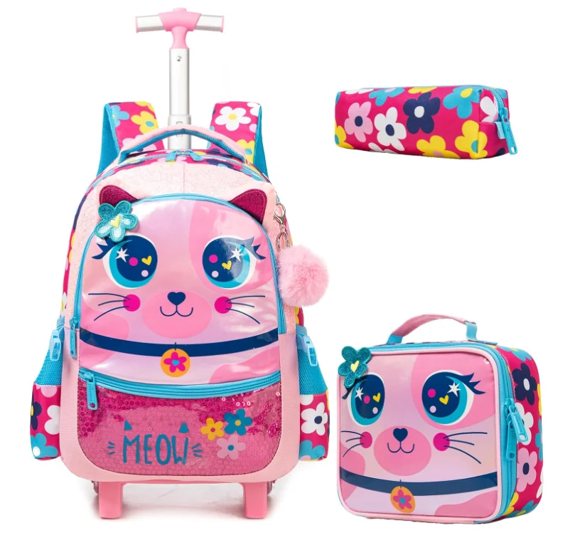 School Kids Rolling Backpack for Girls With Wheels 3 in 1 School Wheeled backpack set for girls School Trolley Bag with wheels