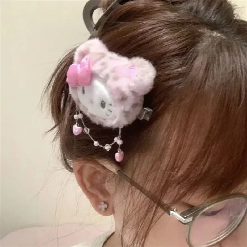 Sanurgente-Pince à cheveux en peluche à imprimé léopard, barrettes de cheveux de dessin animé, vêtements de sauna, accessoires pour cheveux, cadeau de vacances, Hello Kitty, Kawaii, KT Cat, Y2K