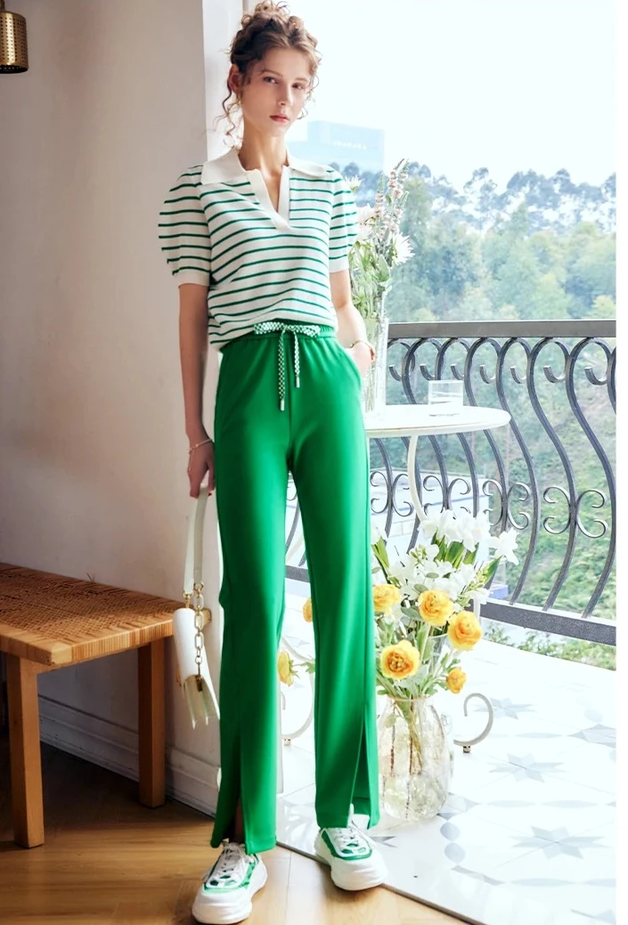 

OLrain Green Pants for Women 2025 Fashion Office Lady Drawstring Waist Slit Straight-leg Sweatpant Pockets Trousers O22XK01621
