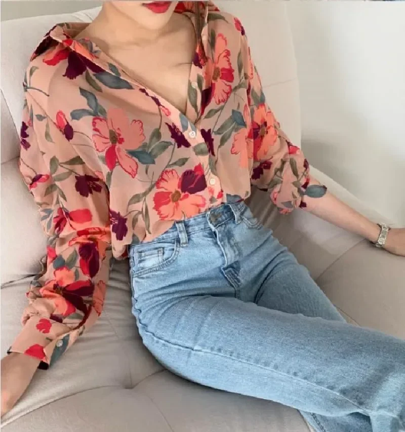 

Shirts Blouses Women Fashion Floral Printed Single Breasted Blouse Chiffon Vintage Lapel Neck Blusas Female Y2k Chic Lady Shirt