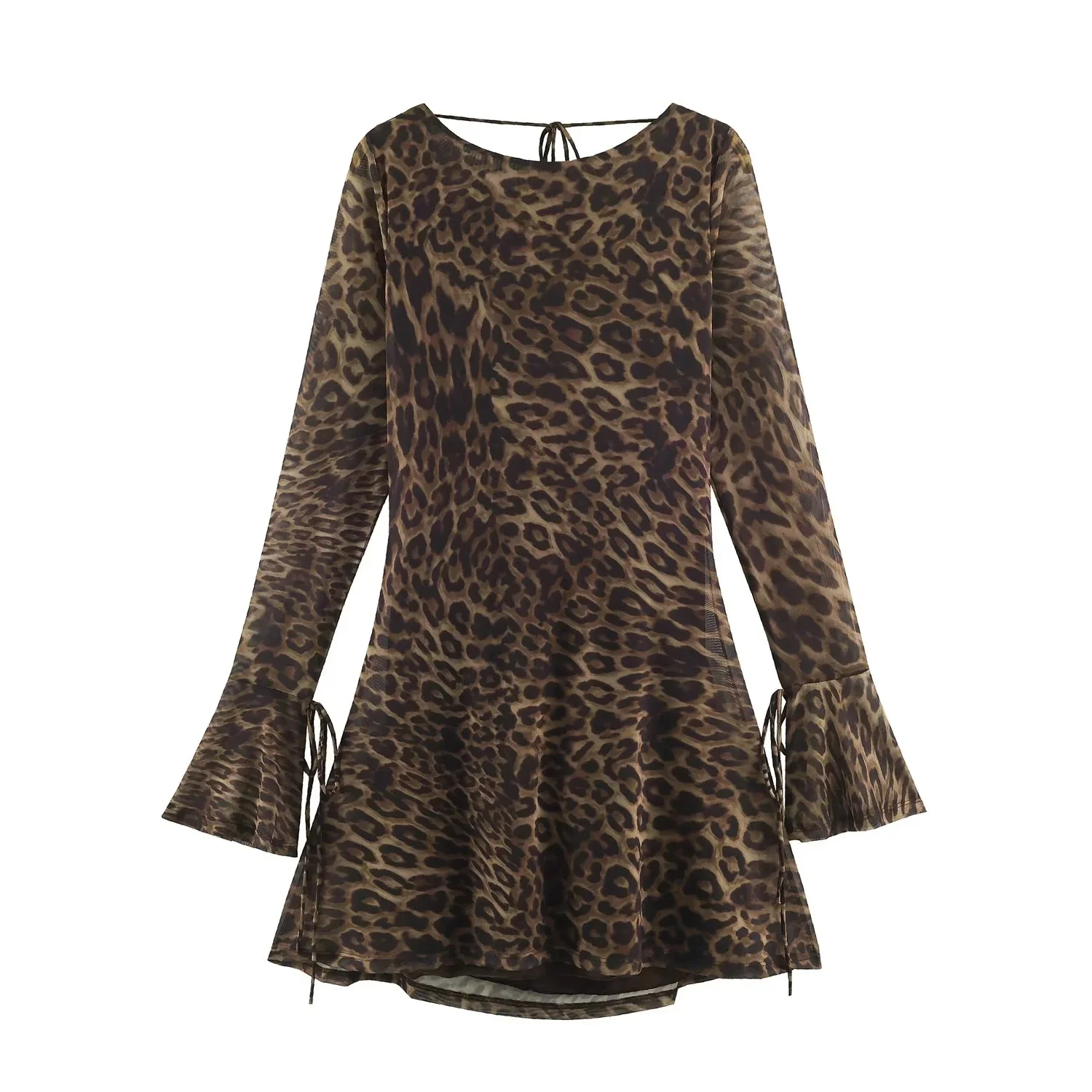 KONDALA Elegantes Vintage Sexy Damen Mini-Kleid Leopardenmuster Rückenfreies Langarm-Kleid mit Schnürung Mode 2026 Herbst Partykleid – Detail 12