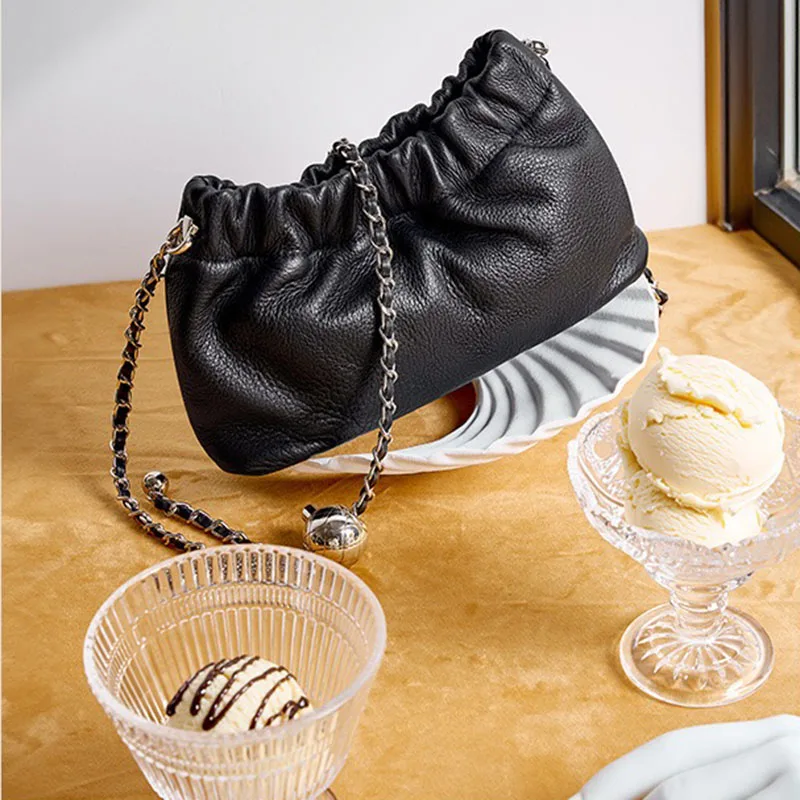 2026 popular chain armpit bag cloud pleated cowhide solid color single shoulder crossbody bag