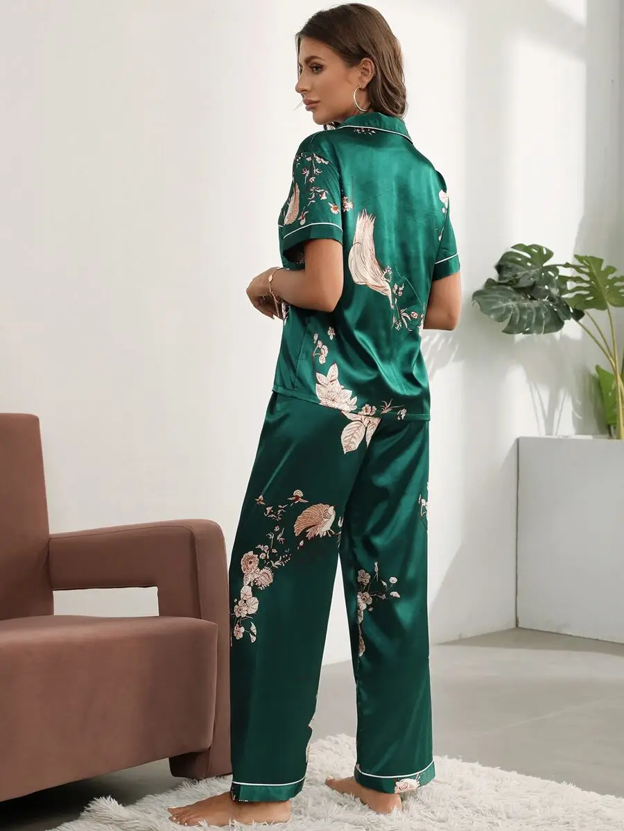 

Green Floral Print Satin Pajama Set Women Short Sleeve Sleepwear