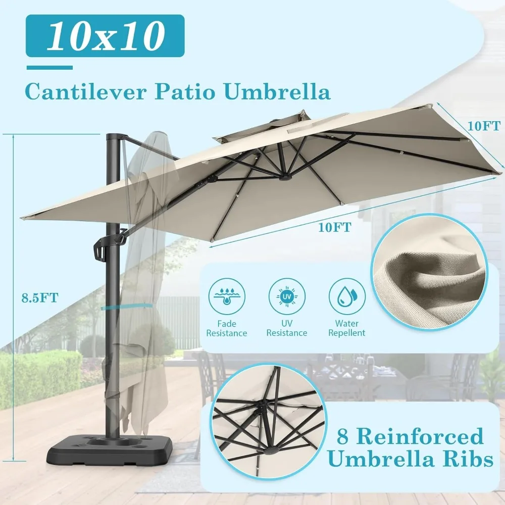 مظلة ناتئ مطورة بطول 10 × 10 أقدام مع سطح مزدوج، ودوران 360 درجة وتعديل 5 زوايا - ألومنيوم
