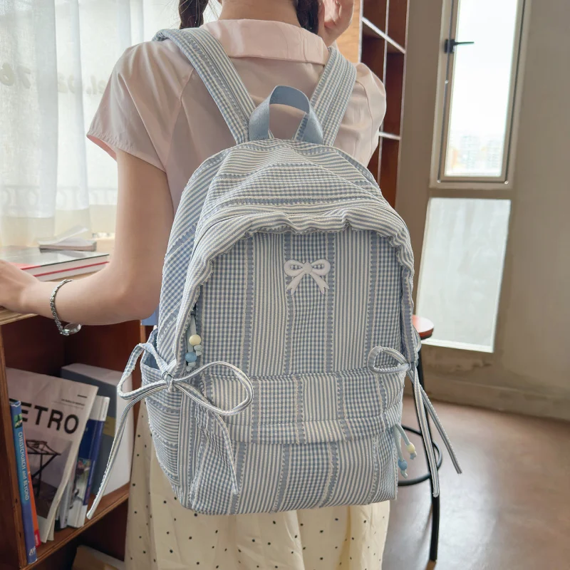 New Striped Backpack Student School Bag Commuter Large Capacity High Appearance Cute Backpack Simple Fresh Style