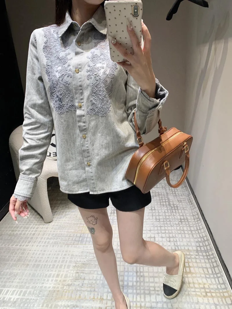 2024 Autumn Women's Shirt Women's Lace Embroidered Denim Shirt Top Embroidered Washed Denim Women's Shirt 2 Colors