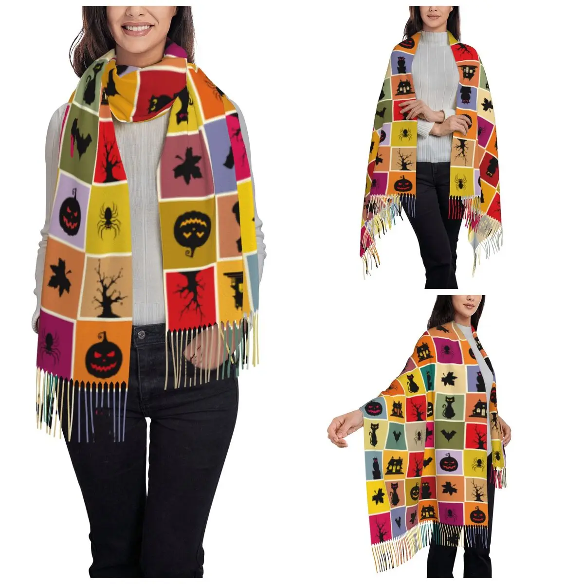 Halloween Party Scarf for Women Winter Fall Pashmina Shawl Wrap Pumpkin Magic Long Scarves with Tassel for Daily Wear