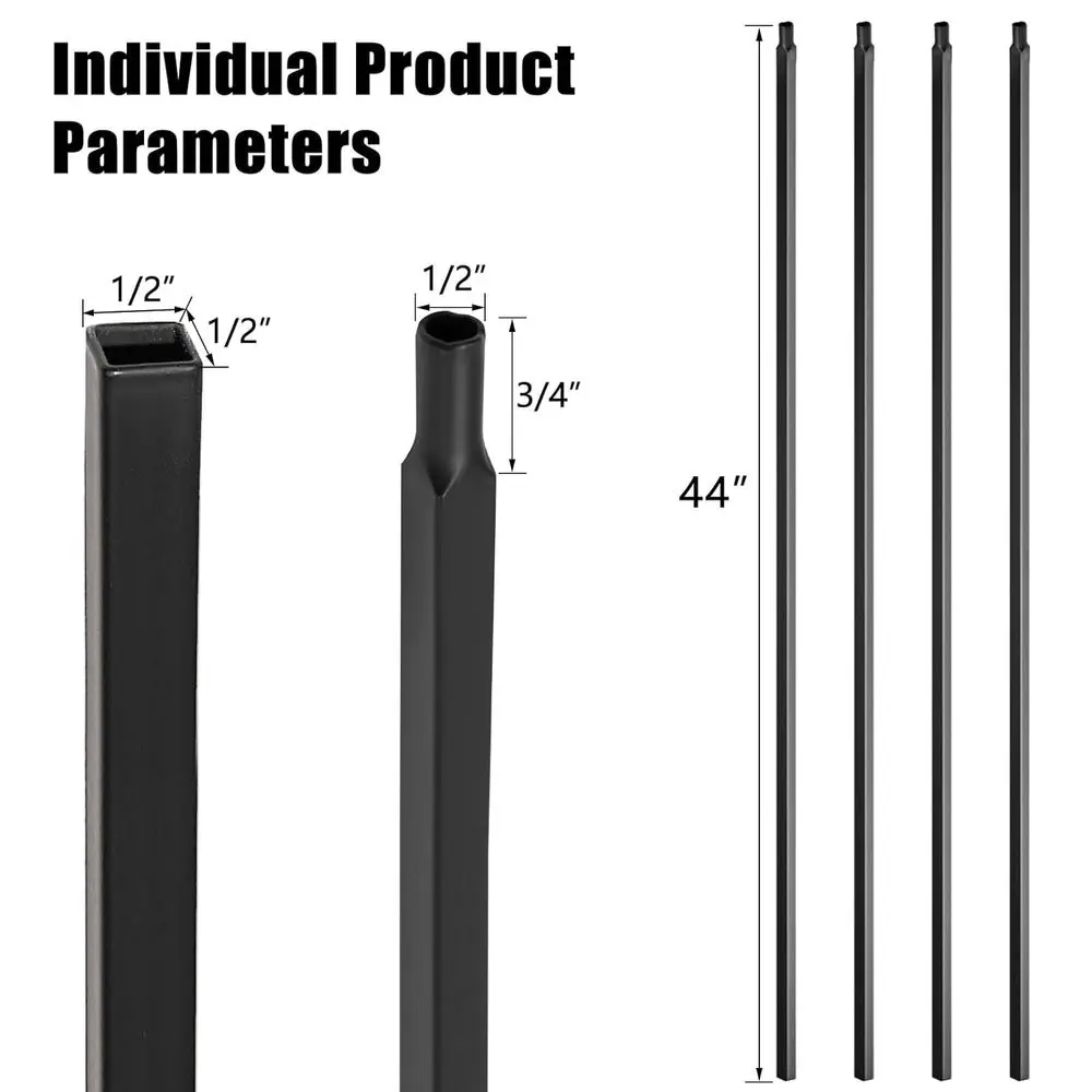 مجموعة مكونة من 15 حلقة من الحديد المطاوع المجوف المربعة، 1/2 × 44، لدرابزين الدرج، لمسة نهائية من الساتان باللون الأسود