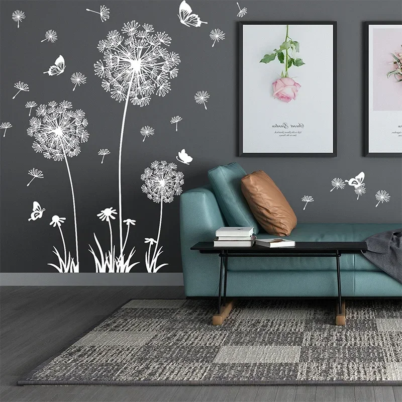 DIY White Dandelion Wall Sticker Decals Waterproof Decorative Peel and Paste Butterflies Flying for Sofa Backdrop Accessory