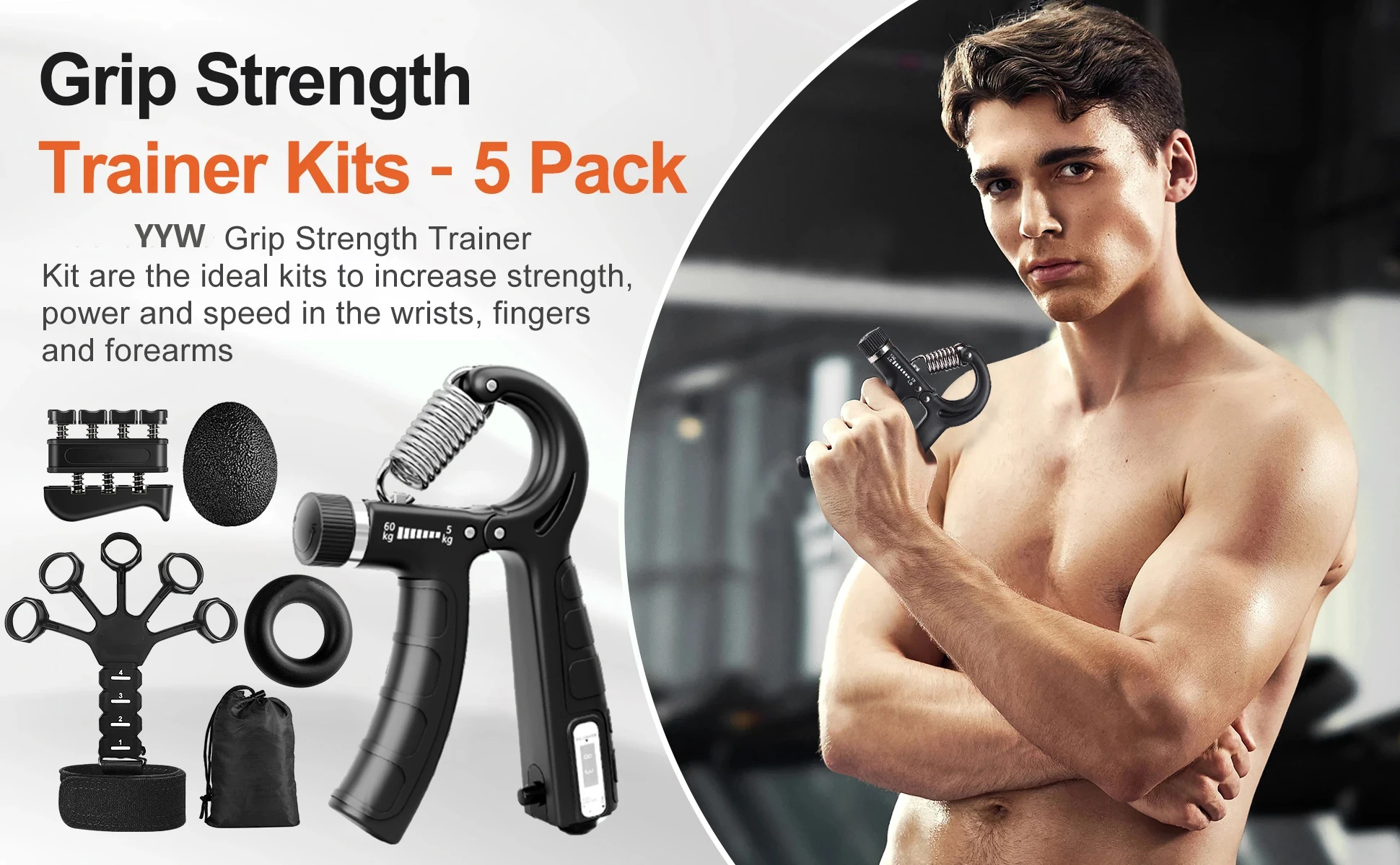 Grip Trainer Kit 5-60kg Adjustable Hand Gripper,Finger/Hand Strength Exercisers,Stress Ball,Forearm Ring for Muscle Build Relax Fitness