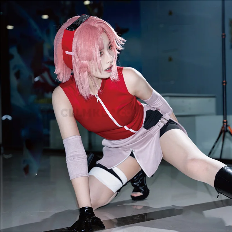 Disfraz de Anime Haruno Sakura, Top, pantalones cortos, bolsa, regalo de Navidad y Halloween, traje Cos, disfraces de Halloween para adultos