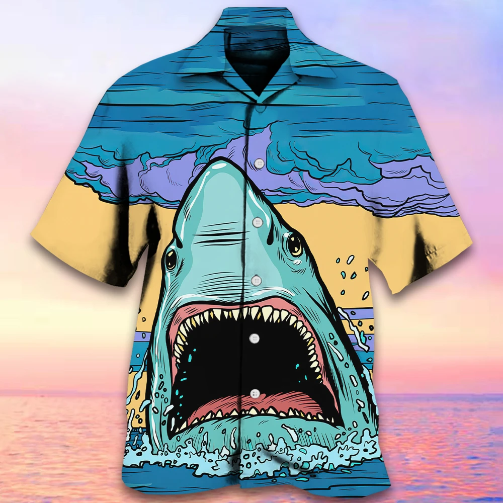 

3d Shark Print Hawaiian Shirts For Men Fashion Male Clothing Summer Casual Short Sleeve Shirt Tops Oversized Cuban Collar Shirts